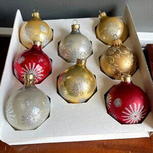 Vtg Rauch Hand Blown Glass Ball Glitter Gold Silver Red Christmas Tree Ornaments